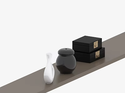 Ornamental Decor Set Featuring White Vase Black Lidded Jar And Black Boxes With Gold Clasps 3d model