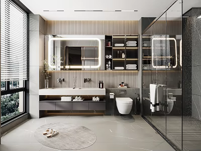 Modern Bathroom Interior With Large Window Striped Wall Paneling Oversized Mirror Vanity And Glass Shower 3d model