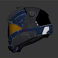 Futuristic Blue Helmet Featuring Orange Visor Gray Accents and Red Emblem Design