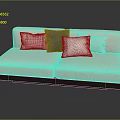 Multi Person White Sofa With Striped And Solid Color Cushions And Dark Wooden Base