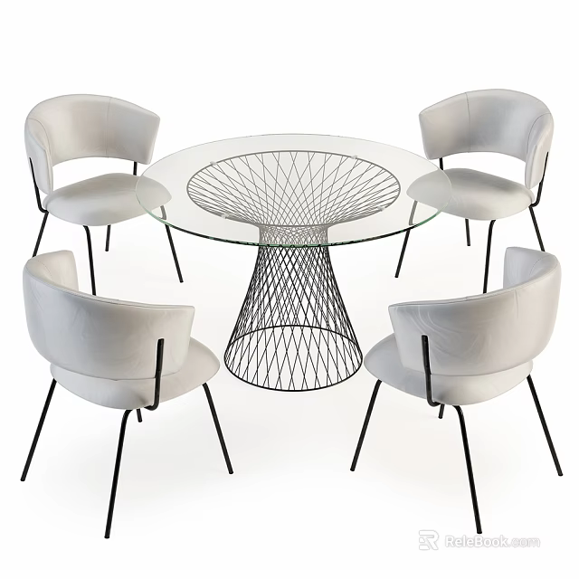 Modern Round Glass Top Dining Table Set With White Upholstered Chairs And Black Mesh Base 3d model 