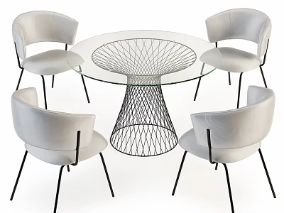 Modern Round Glass Top Dining Table Set With White Upholstered Chairs And Black Mesh Base 3d model