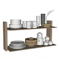 Stylish Dinnerware Set on Wooden Shelf with Plates Mugs Teapot and Bowls