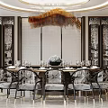 Elegant Private Dining Room Interior With Round Table Chairs And Decorative Chandelier 3d model