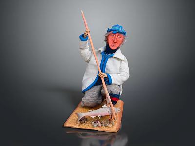Handmade Fish Sculpture Featuring Fisherman Holding Fishing Rod On Detailed Wooden Base 3d model
