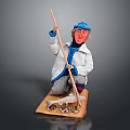 Handmade Fish Sculpture Featuring Fisherman Holding Fishing Rod On Detailed Wooden Base