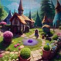 Cartoon Village With Colorful Cottages Pointed Roofs Stone Pathways And Lush Garden Flowers
