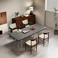 Dining Table Set With Gray Tabletop Four Chairs Woven Backrests Light Seats And Wooden Cabinet