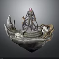 Fantasy Rock Platform With Central Figure Pink Gemstone Headdress Stone Steps White Dragon Tentacle Structures