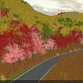 Scenic Autumn Landscape With Red And Yellow Foliage Winding Path Through Hills And Warm Sunlight