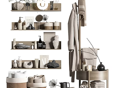 Organized Household Living Supplies With Multi Tiered Shelves Wooden Coat Rack And Decorative Storage Boxes 3d model