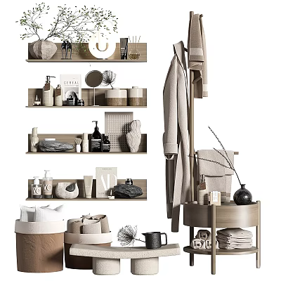 Organized Household Living Supplies With Multi Tiered Shelves Wooden Coat Rack And Decorative Storage Boxes 3d model