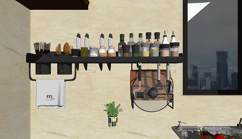 Kitchen Wall Shelf With Spice Bottles Knives And Cooking Utensils Decor 3d model 