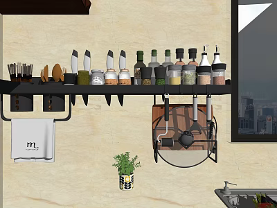 Kitchen Wall Shelf With Spice Bottles Knives And Cooking Utensils Decor 3d model