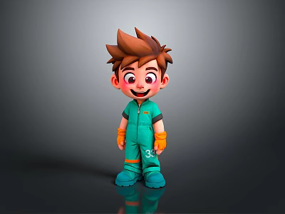 Cartoon Child Character With Brown Hair Green Outfit Orange Gloves Blue Shoes And Number 3 3d model