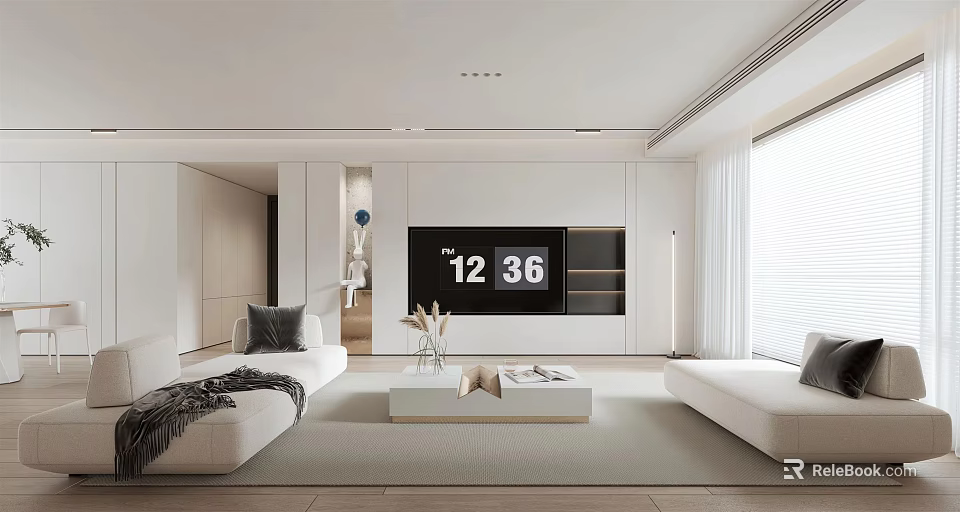 Modern Living Room Interior Design With White Sofa TV Cabinet And Large Window 3d model 