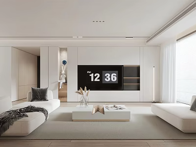 Modern Living Room Interior Design With White Sofa TV Cabinet And Large Window 3d model