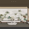 Elegant Modern Living Room With Palm Tree Mural Wooden Furniture Beige Sofa Rug Coffee Table