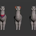 Three White Alpacas Standing With One Wearing Red Scarf On White Background
