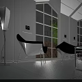 Modern Office Interior With High Ceiling Large Windows Black Shelves White Sofa And Green Plant