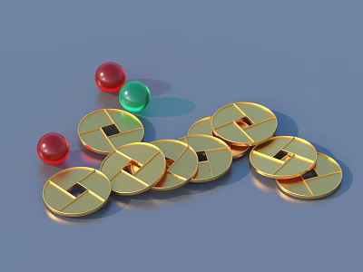 Gold Circular Jewelry Pieces With Square Holes And Red Green Round Beads On Blue Background 3d model