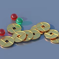 Gold Circular Jewelry Pieces With Square Holes And Red Green Round Beads On Blue Background
