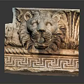 Ancient Classical Stone Carving With Lion Head Sculpture And Intricate Geometric Patterns