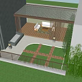 Covered Terrace With Wooden Flooring Sofa Coffee Table Grass Lawn Brick Path Green Plants Railing
