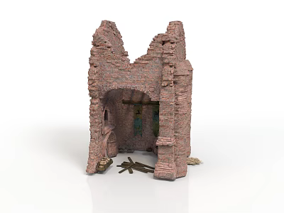 Modern Scene Featuring Red Brick Ruins With Arch Structure And Scattered Wooden Debris 3d model