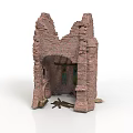 Modern Scene Featuring Red Brick Ruins With Arch Structure And Scattered Wooden Debris