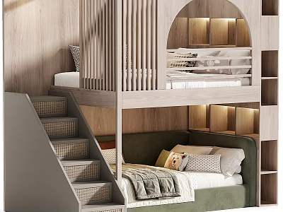 Modern Bunk Baby Bed With Stairs Green Mattress Wooden Storage And Warm Lighting 3d model