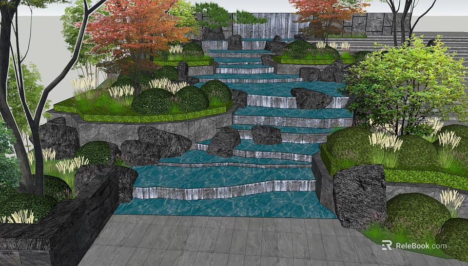 Garden Feature With Cascading Waterfall Stone Steps Rocks And Green Plants 3d model
