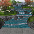 Garden Feature With Cascading Waterfall Stone Steps Rocks And Green Plants 3d model