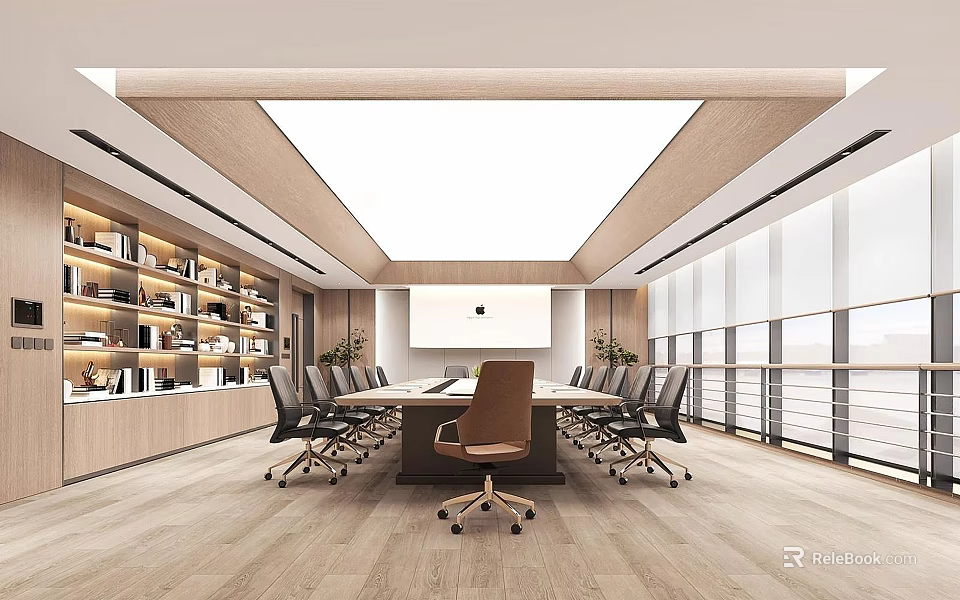 Modern Meeting Room With Long Table Chairs Bookshelves Wooden Flooring And Floor to Ceiling Windows 3d model 