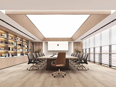Modern Meeting Room With Long Table Chairs Bookshelves Wooden Flooring And Floor to Ceiling Windows 3d model