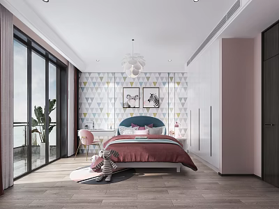 Bright Kids Bedroom Interior Design With Geometric Wallpaper Bed And Storage Cabinets 3d model