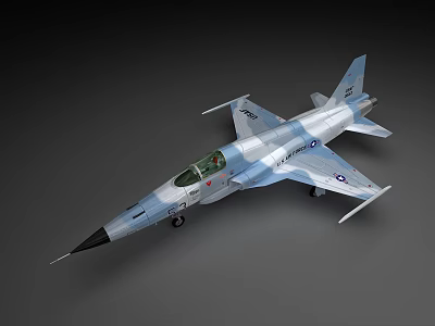 Blue And White Camouflage Fighter Jet With Transparent Cockpit Pointed Nose And Wing Emblems 3d model