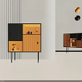 Modern Black and Orange Storage Chest of Drawers with Thin Legs and Vertical Striped Wall