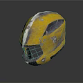 Worn Yellow Metal Weapon Helmet With Protective Design And Scratched Surface