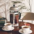 Cozy Restaurant Ambiance With French Press Coffee White Cups Books Green Plant And Decorative Painting