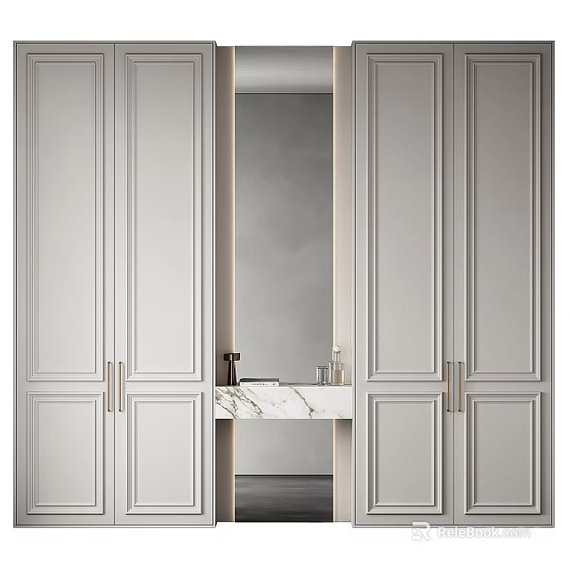 Sleek Modern Entryway Console Sideboard Cabinet With Marble Countertop Built in Mirror And Storage 3d model 