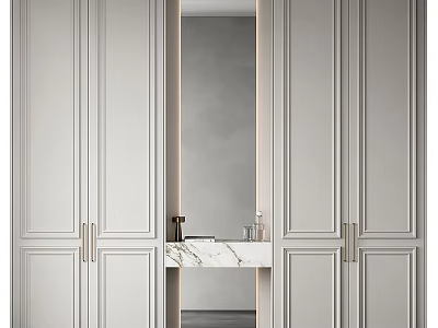 Sleek Modern Entryway Console Sideboard Cabinet With Marble Countertop Built in Mirror And Storage 3d model