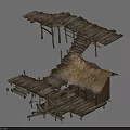 Cartoon Scene Of Rustic Wooden Hut With Thatched Roof Platforms And Stairs