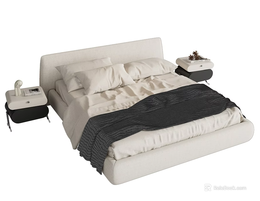 Light Colored Modern Minimalist Double Bed Bedroom Design With Pillows Blanket Nightstands And Small Items 3d model 
