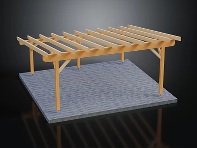Wooden Pergola Structure With Cross Beams Support Posts And Gray Paved Floor 3d model
