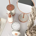 Stylish Copper And White Bathroom Accessories With Mirror Soap Dispenser Brushes And Pampas Grass