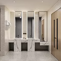 Modern Public Restroom Interior With Marble Vanity Multiple Mirrors Terrazzo Walls And Wooden Doors