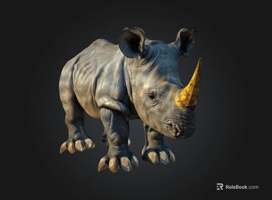 Realistic Baby Rhinoceros With Yellow Horn On Dark Background 3D Render 3d model 