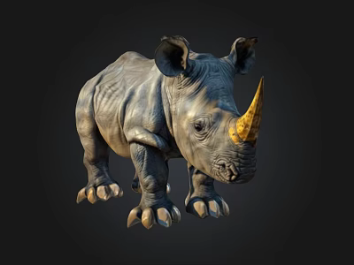 Realistic Baby Rhinoceros With Yellow Horn On Dark Background 3D Render 3d model