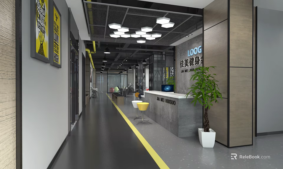 Modern Fitness Center Interior With Reception Area Green Plants And Training Equipment 3d model 